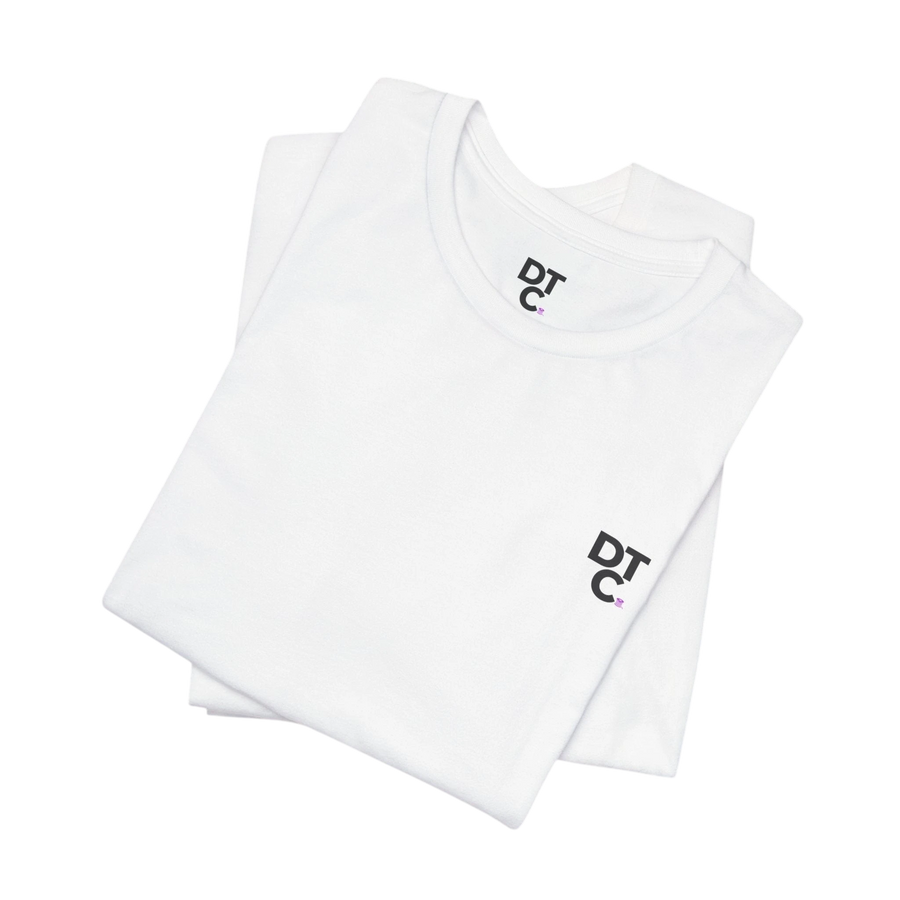 DailyThreadCo. white 100% cotton crew neck t-shirt with small black DTC logo on chest, perfect for fitness.