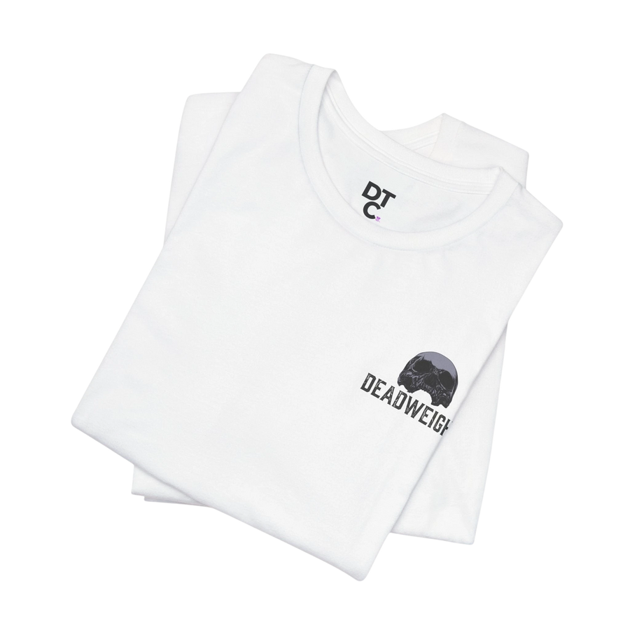 DailyThreadCo. white 100% cotton graphic t-shirt with a small chest print of a skull and the text 'DEADWEIGH'.