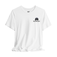DailyThreadCo. white 100% cotton t-shirt with a small black and grey graphic of a skull and the word 