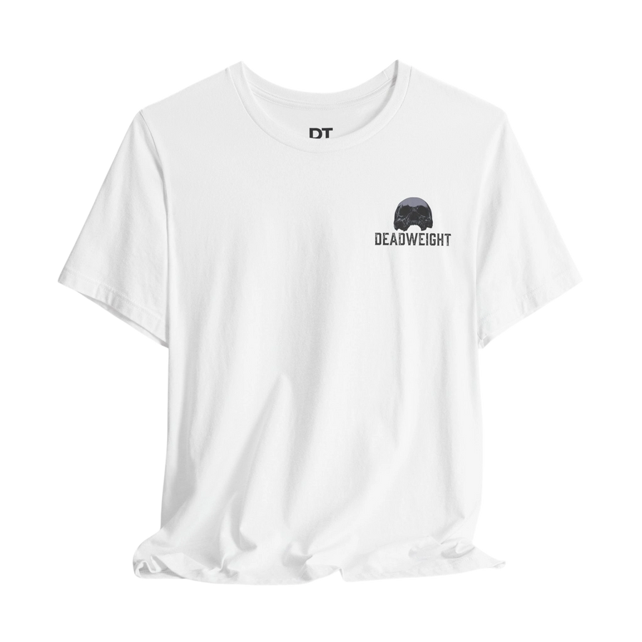 DailyThreadCo. white 100% cotton t-shirt with a small black and grey graphic of a skull and the word "DEADWEIGHT" on the chest.