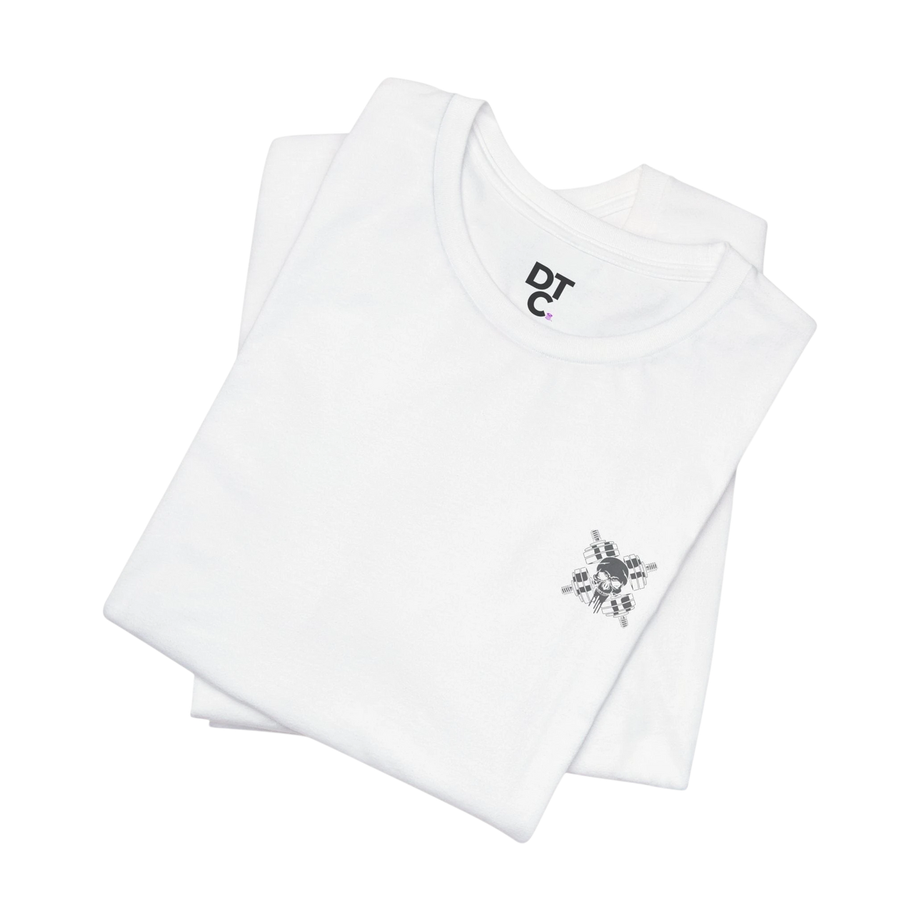 DailyThreadCo. white 100% cotton t-shirt with a small chest emblem of crossed barbells and a skull, crew neck, short sleeves.