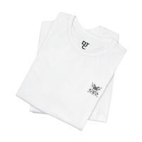 DailyThreadCo. white 100% cotton t-shirt with a small chest emblem of crossed barbells and a skull, crew neck, short sleeves.