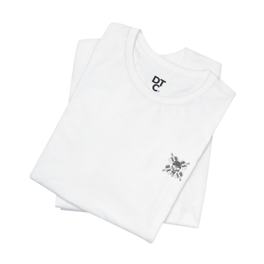 DailyThreadCo. white 100% cotton t-shirt with a small chest emblem of crossed barbells and a skull, crew neck, short sleeves.