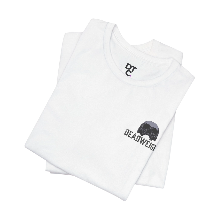 DailyThreadCo. white cotton athletic tee with crew neck and skull graphic with text "DEADWEIGH"