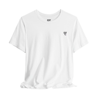 DailyThreadCo. white 100% cotton t-shirt with crew neck and small black DT logo on chest.