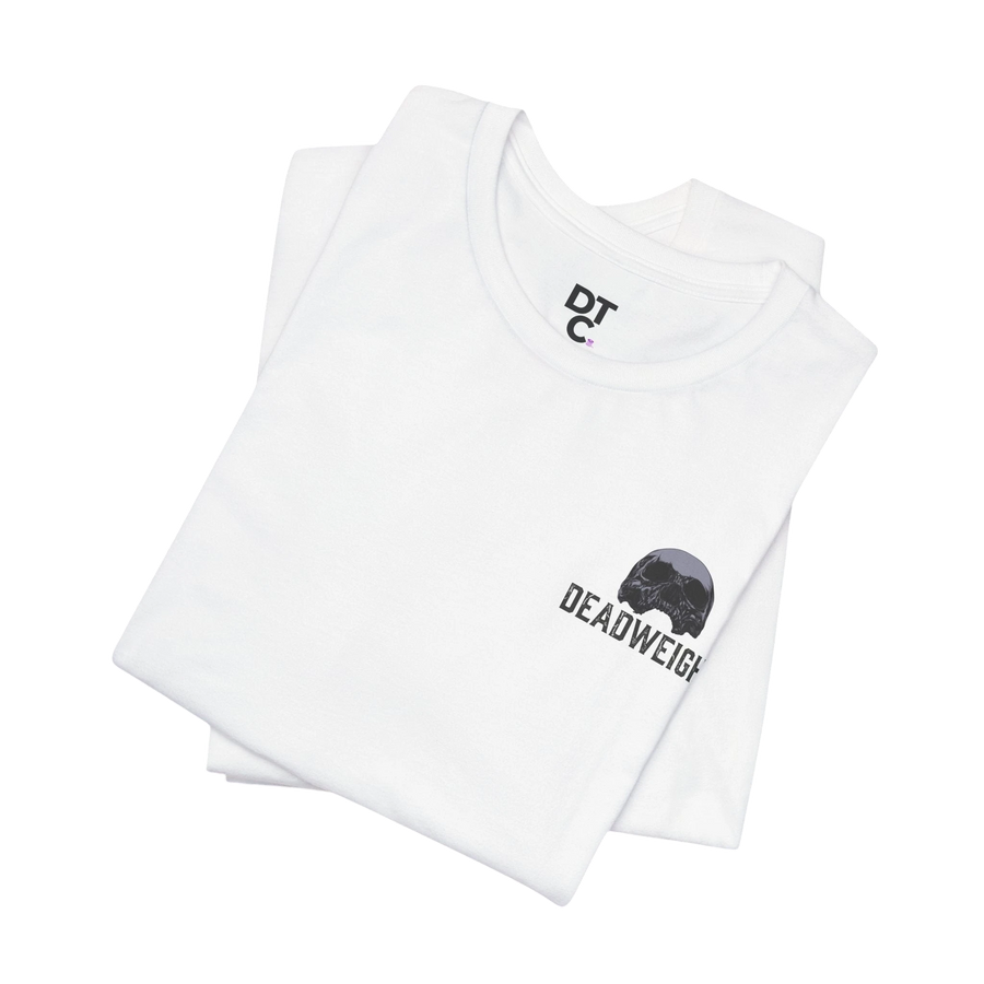 DailyThreadCo. white 100% cotton t-shirt with distressed skull graphic and "DEADWEIGHT" text on chest.