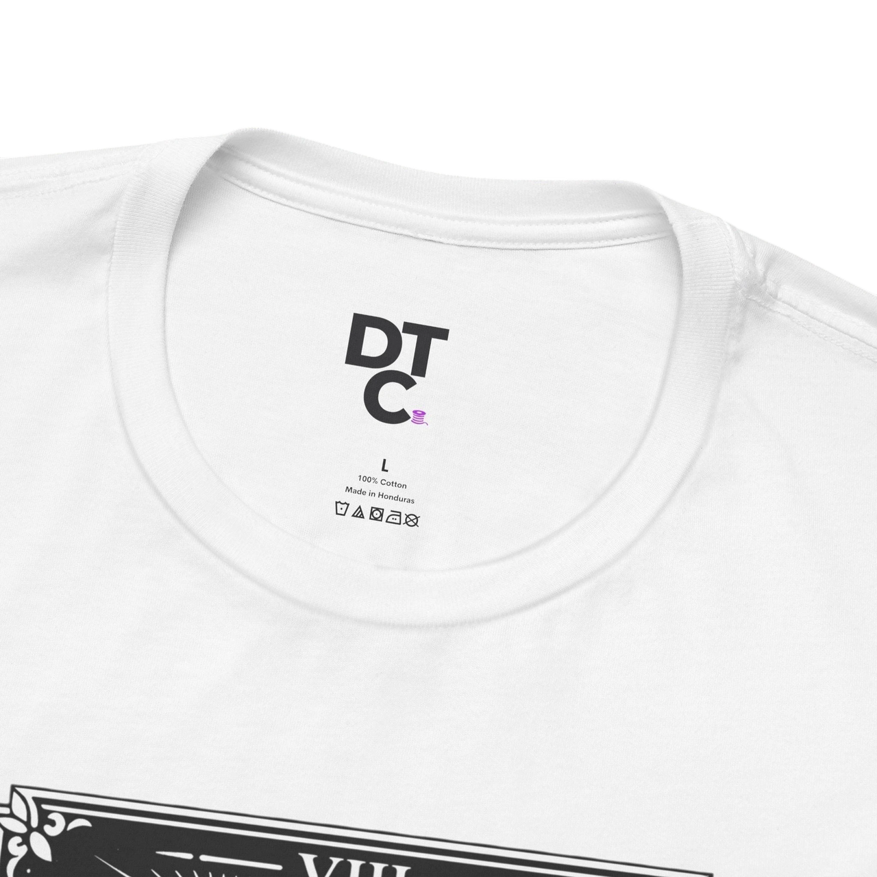 DailyThreadCo. white 100% cotton crew neck t-shirt with vintage Strength tarot card illustration of a woman and lion.