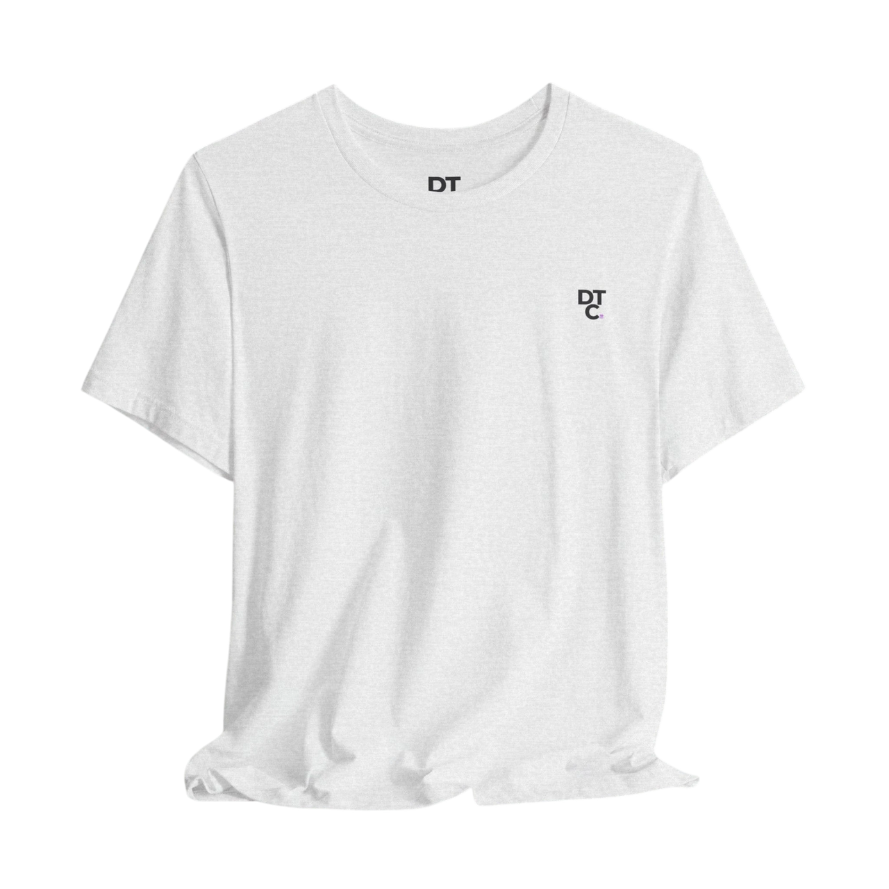 DailyThreadCo. white 100% cotton t-shirt with crew neck and small black DT logo on chest.