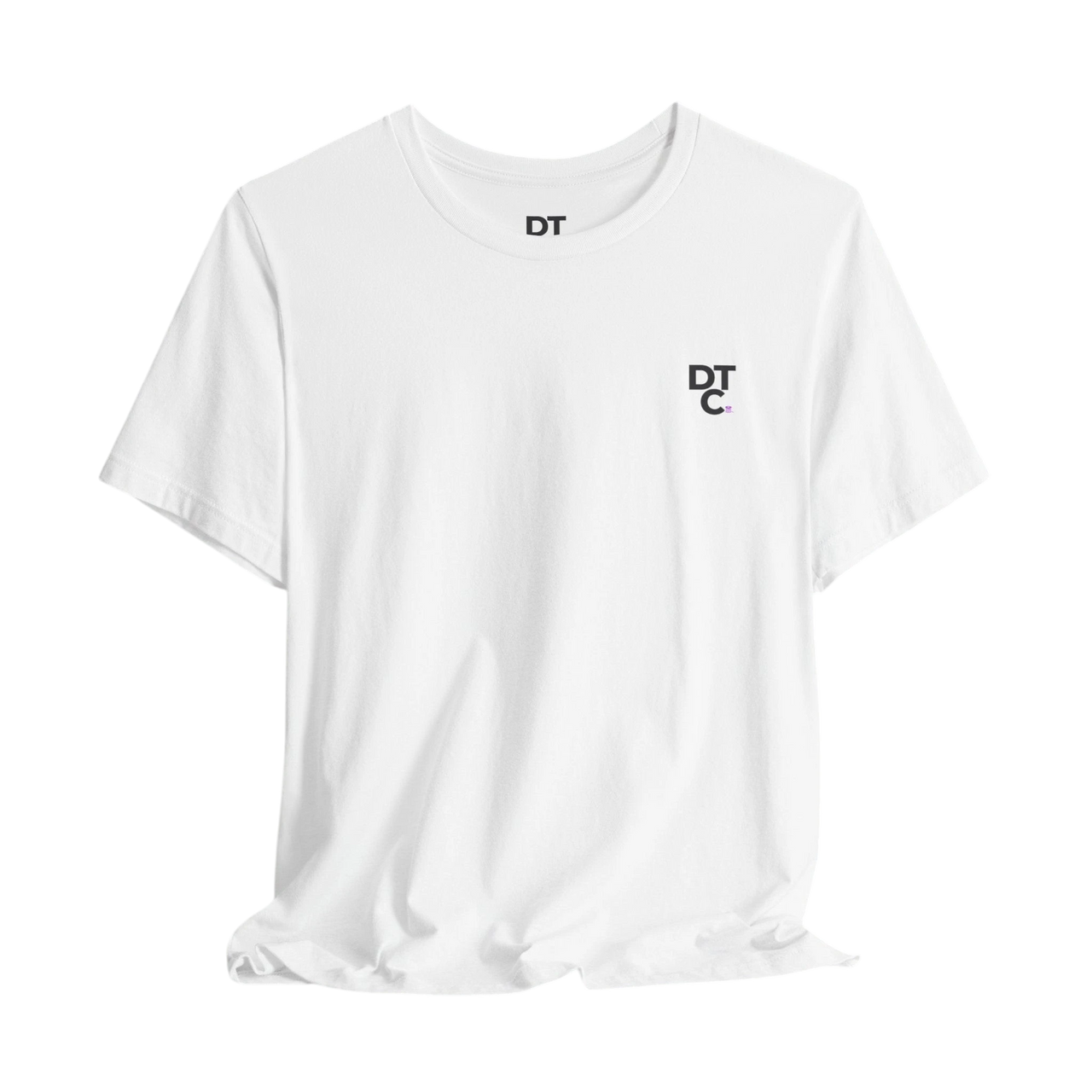 DailyThreadCo. white 100% cotton t-shirt with crew neck and small black DTC logo on the left chest.