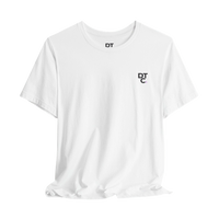 DailyThreadCo. white 100% cotton t-shirt with crew neck and small black DTC logo on the left chest.