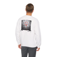 DailyThreadCo. white crewneck sweatshirt with a graphic back print of tally marks and a red circle. Cotton-blend fabric.
