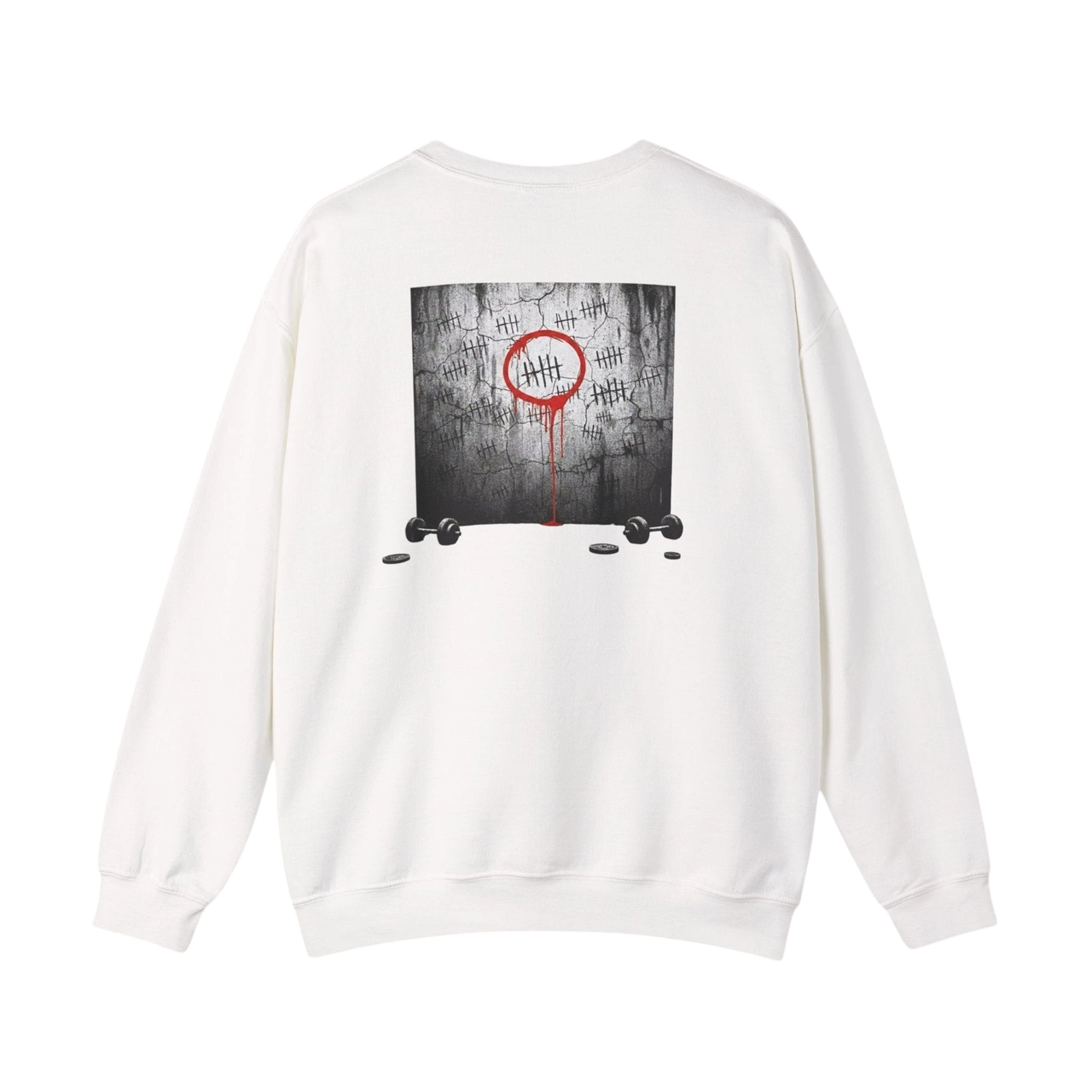 DailyThreadCo. white crewneck sweatshirt with a graphic of tally marks on a wall, a red circle, and dripping blood. Cotton-blend fabric.