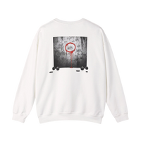 DailyThreadCo. white crewneck sweatshirt with a graphic of tally marks on a wall, a red circle, and dripping blood. Cotton-blend fabric.
