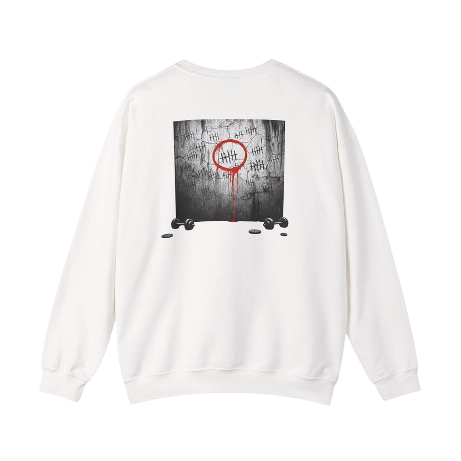 DailyThreadCo. white crewneck sweatshirt with a graphic of tally marks on a wall, a red circle, and dripping blood. Cotton-blend fabric.