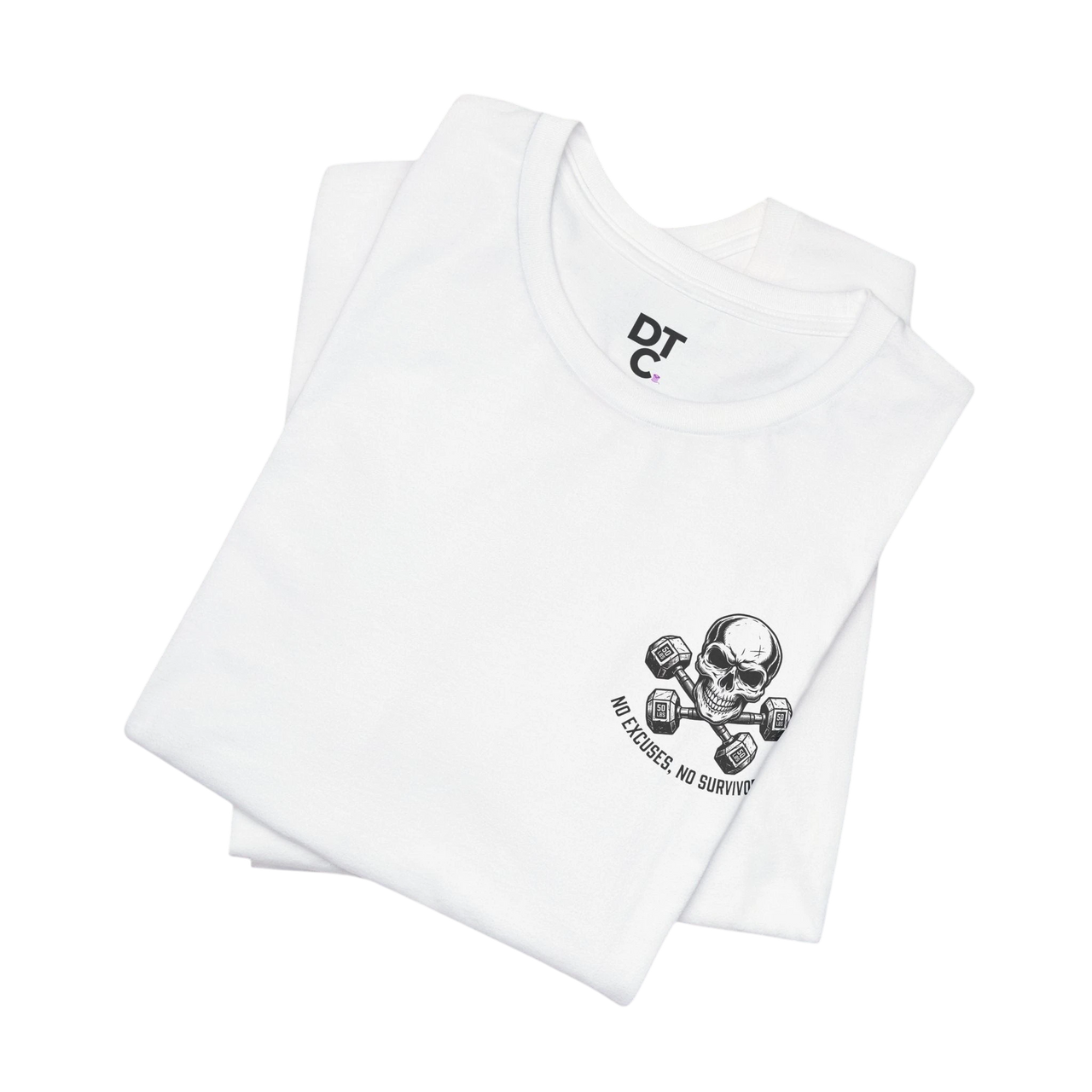 DailyThreadCo. white 100% Airlume cotton crew neck t-shirt with a small skull and dumbbells graphic on the chest.
