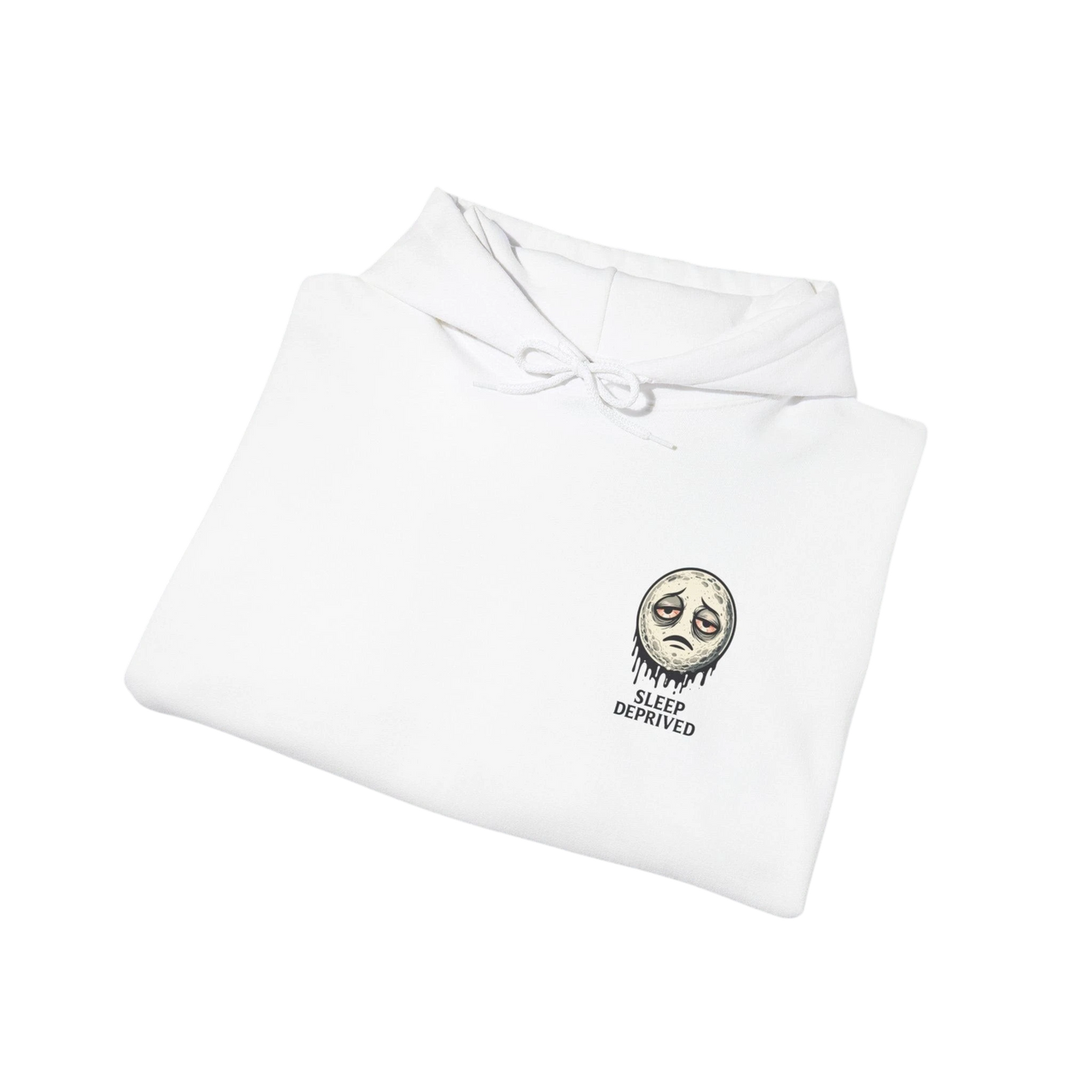 DailyThreadCo. white cotton-poly fleece hoodie with a dripping moon graphic and "SLEEP DEPRIVED" text. Features a kangaroo pocket and drawstring hood.