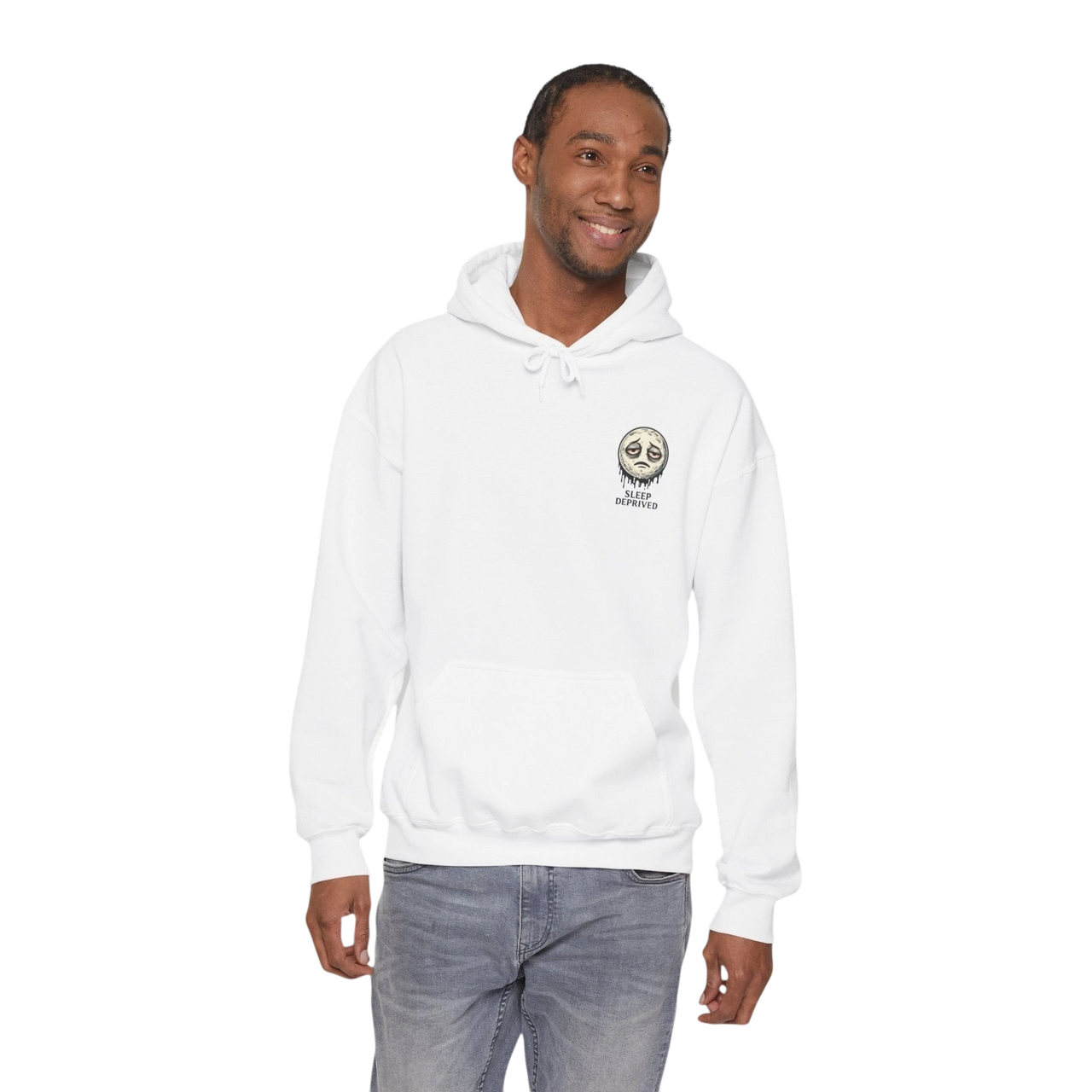 DailyThreadCo. white 50/50 cotton-poly fleece hoodie with a dripping moon graphic and "SLEEP DEPRIVED" text on the chest.