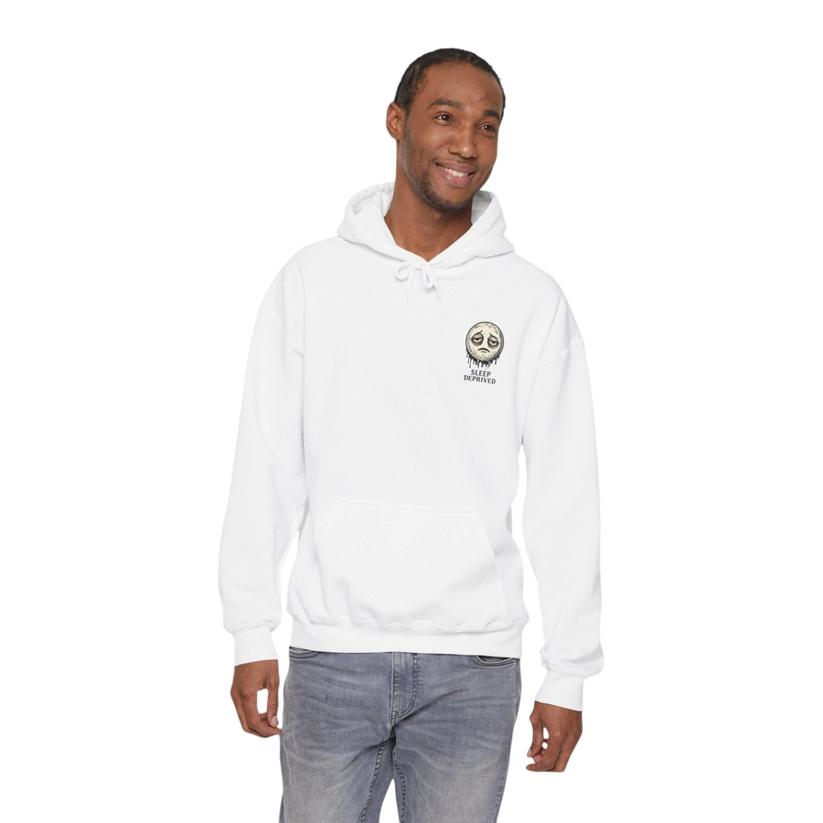 DailyThreadCo. white 50/50 cotton-poly fleece hoodie with a dripping moon graphic and "SLEEP DEPRIVED" text on the chest.