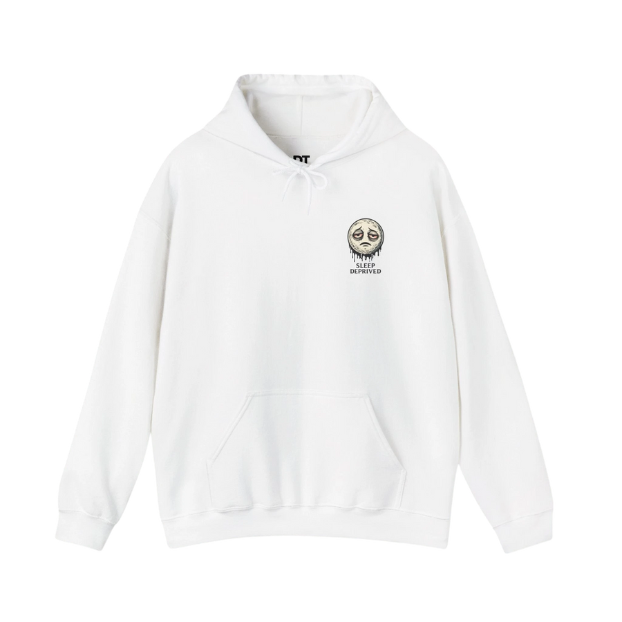DailyThreadCo. white cotton-poly blend hoodie with a dripping moon graphic and "SLEEP DEPRIVED" text. Features a kangaroo pocket and double-lined hood.