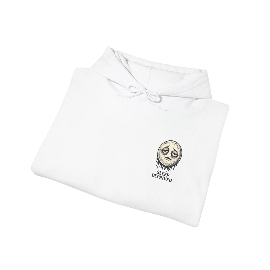 DailyThreadCo. white cotton-poly fleece hoodie with a dripping moon graphic and "SLEEP DEPRIVED" text. Features a kangaroo pocket and drawstring hood.