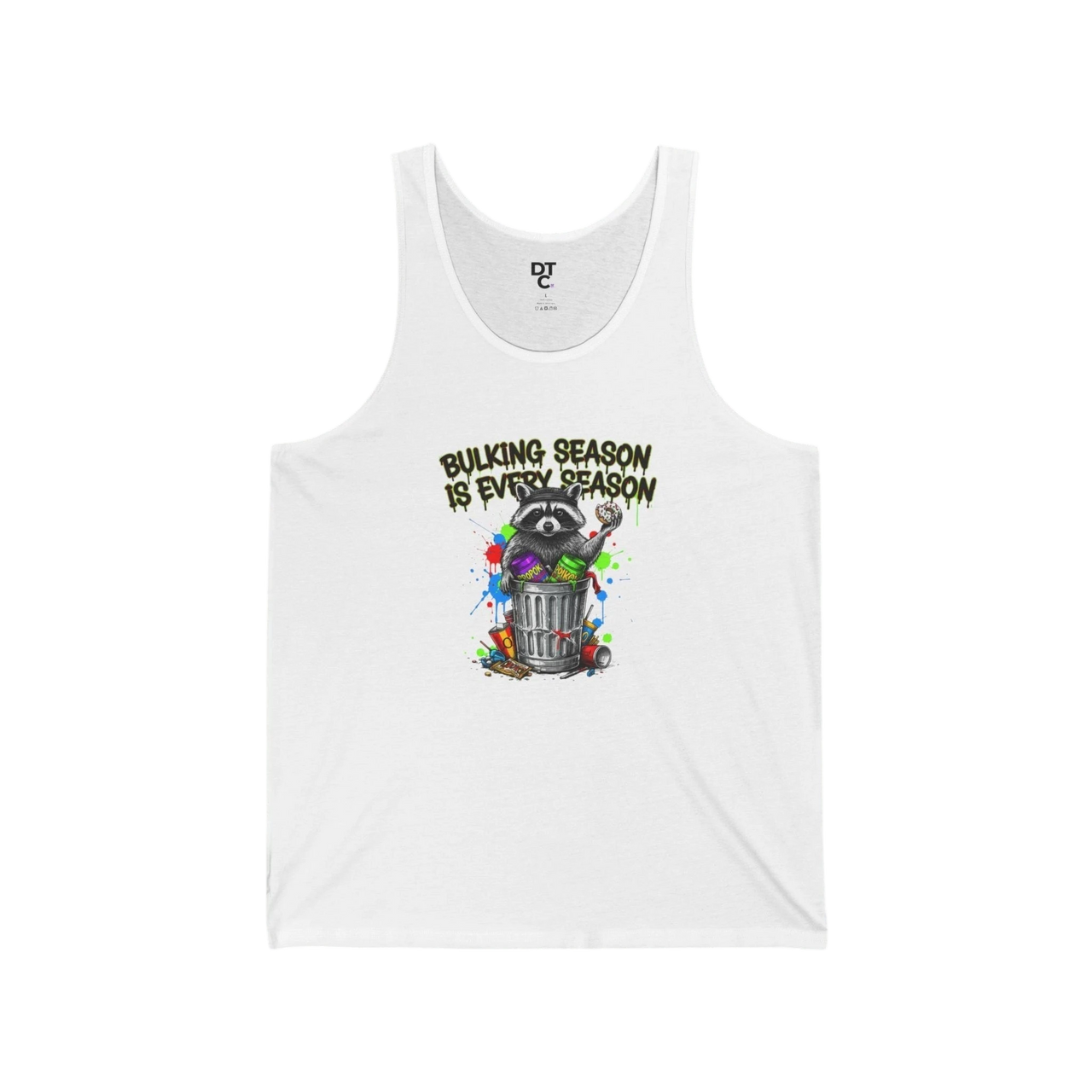 DailyThreadCo white cotton tank top with a graphic of a raccoon in a trash can and the text "Bulking Season Is Every Season".