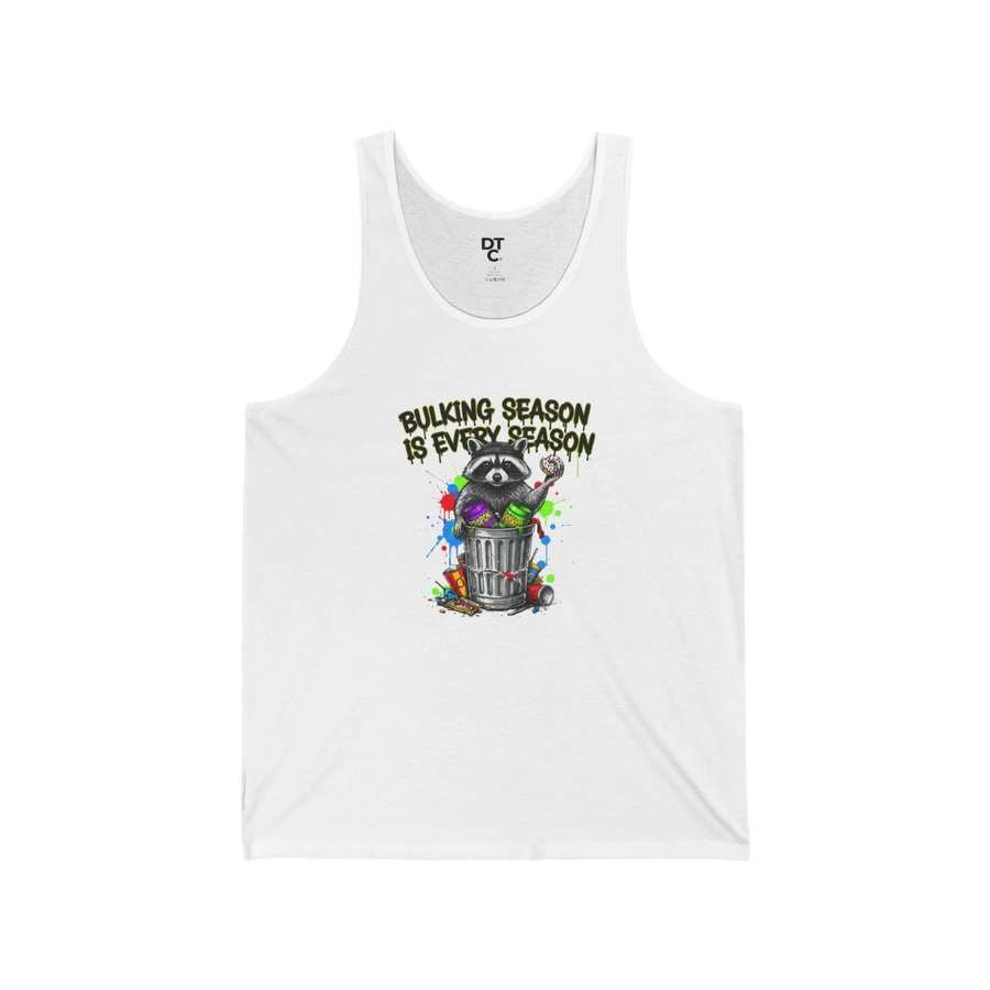 DailyThreadCo white cotton tank top with a graphic of a raccoon in a trash can and the text "Bulking Season Is Every Season".