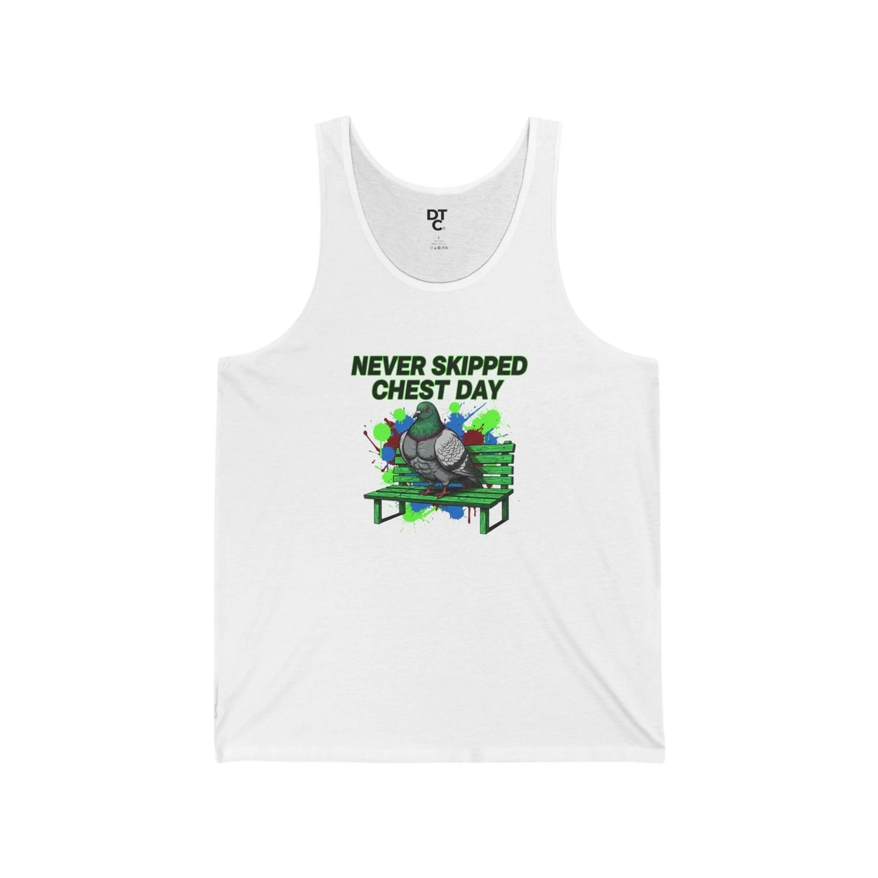 DailyThreadCo. white cotton tank top with a graphic of a muscular pigeon sitting on a green park bench with the text "NEVER SKIPPED CHEST DAY".