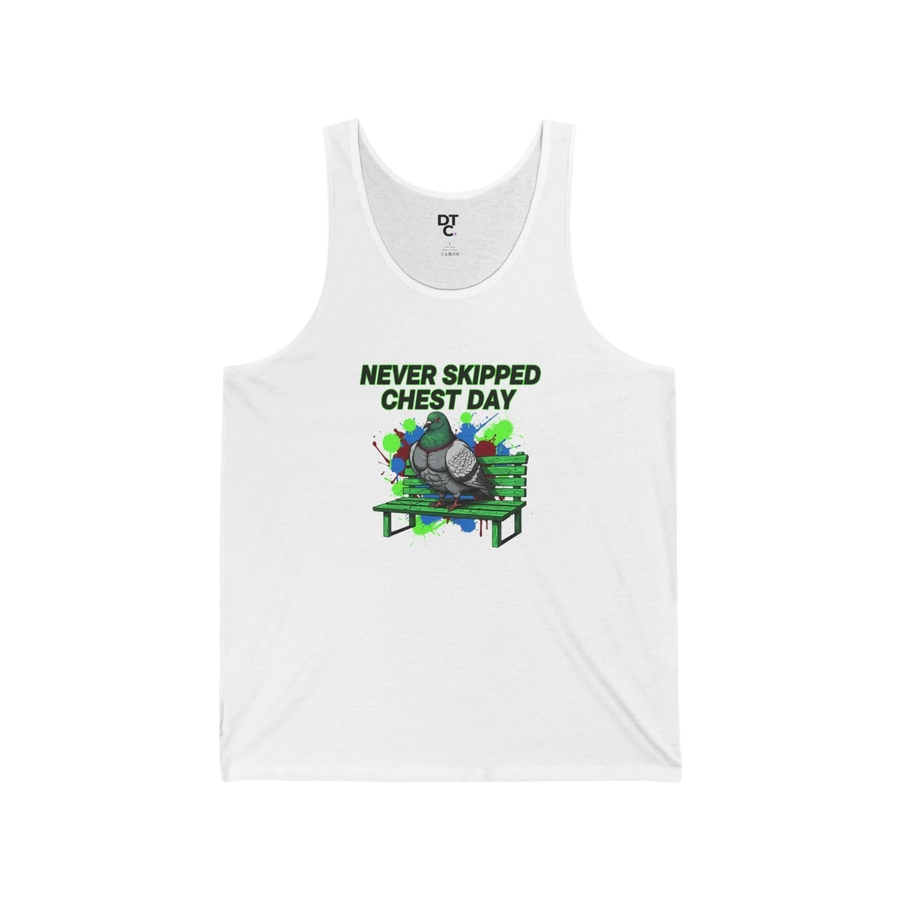 DailyThreadCo. white cotton tank top with a graphic of a muscular pigeon sitting on a green park bench with the text "NEVER SKIPPED CHEST DAY".