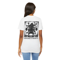 DailyThreadCo. white 100% cotton t-shirt with a graphic back print of a multi-limbed figure lifting weights, text reads 