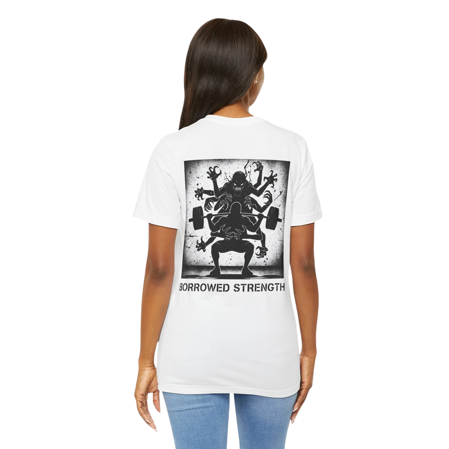 DailyThreadCo. white 100% cotton t-shirt with a graphic back print of a multi-limbed figure lifting weights, text reads "BORROWED STRENGTH".
