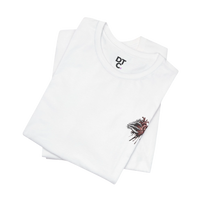 DailyThreadCo white 100% cotton t-shirt with a small graphic of a skeletal hand holding a dripping anatomical heart on the left chest.