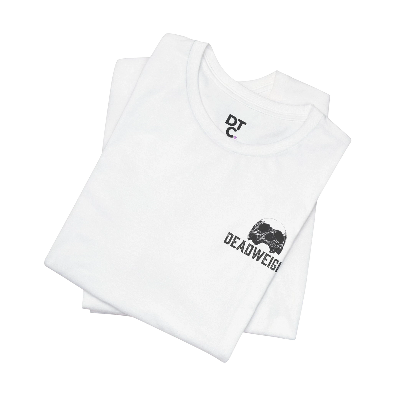 DailyThreadCo. white 100% cotton graphic tee with skull and 'Deadweight' text on chest.