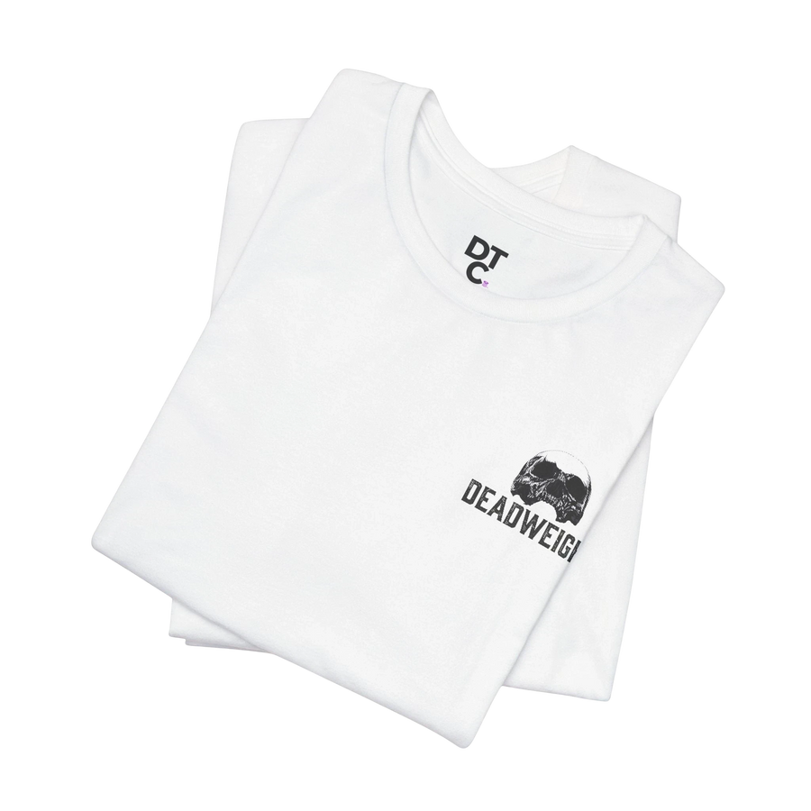 DailyThreadCo. white 100% cotton graphic tee with skull and 'Deadweight' text on chest.