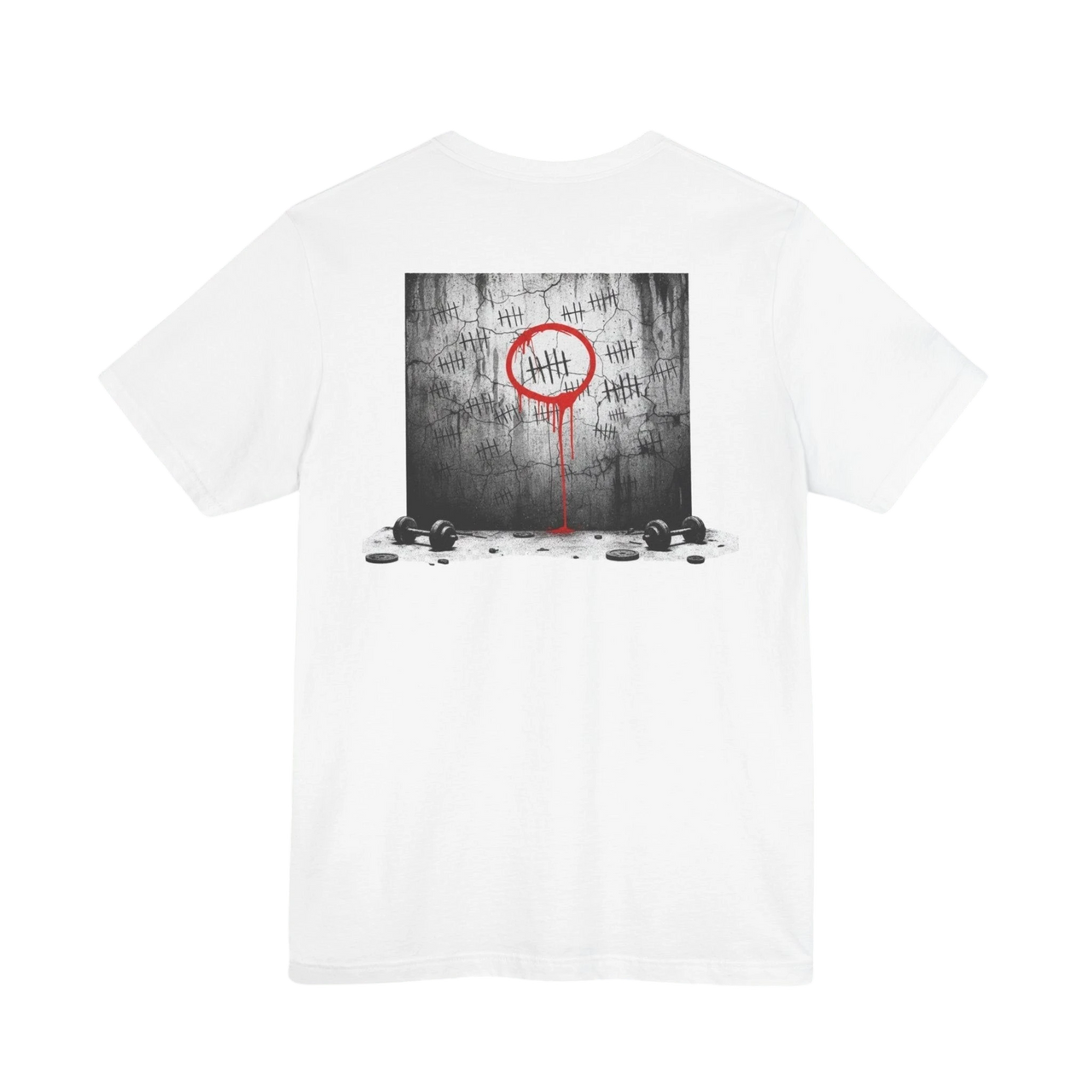 DailyThreadCo. white 100% cotton t-shirt with a graphic print of tally marks on a concrete wall, a red circle, and dripping red paint.