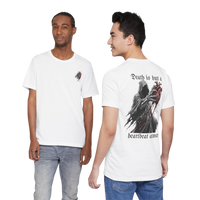 DailyThreadCo. white 100% cotton graphic t-shirt with a grim reaper holding a heart on the back and text 