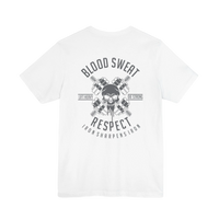 DailyThreadCo. white 100% cotton t-shirt with a graphic print of a skull, crossed barbells, and the words 