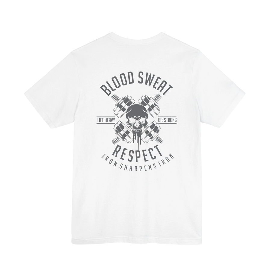 DailyThreadCo. white 100% cotton t-shirt with a graphic print of a skull, crossed barbells, and the words "Blood Sweat Respect" and "Iron Sharpens Iron".