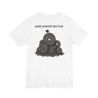 DailyThreadCo. white 100% cotton t-shirt with a graphic of stacked weight plates and the text 