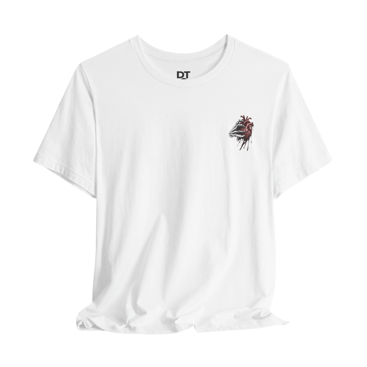 DailyThreadCo. white 100% cotton t-shirt with a small graphic of a dripping anatomical heart on the left chest.