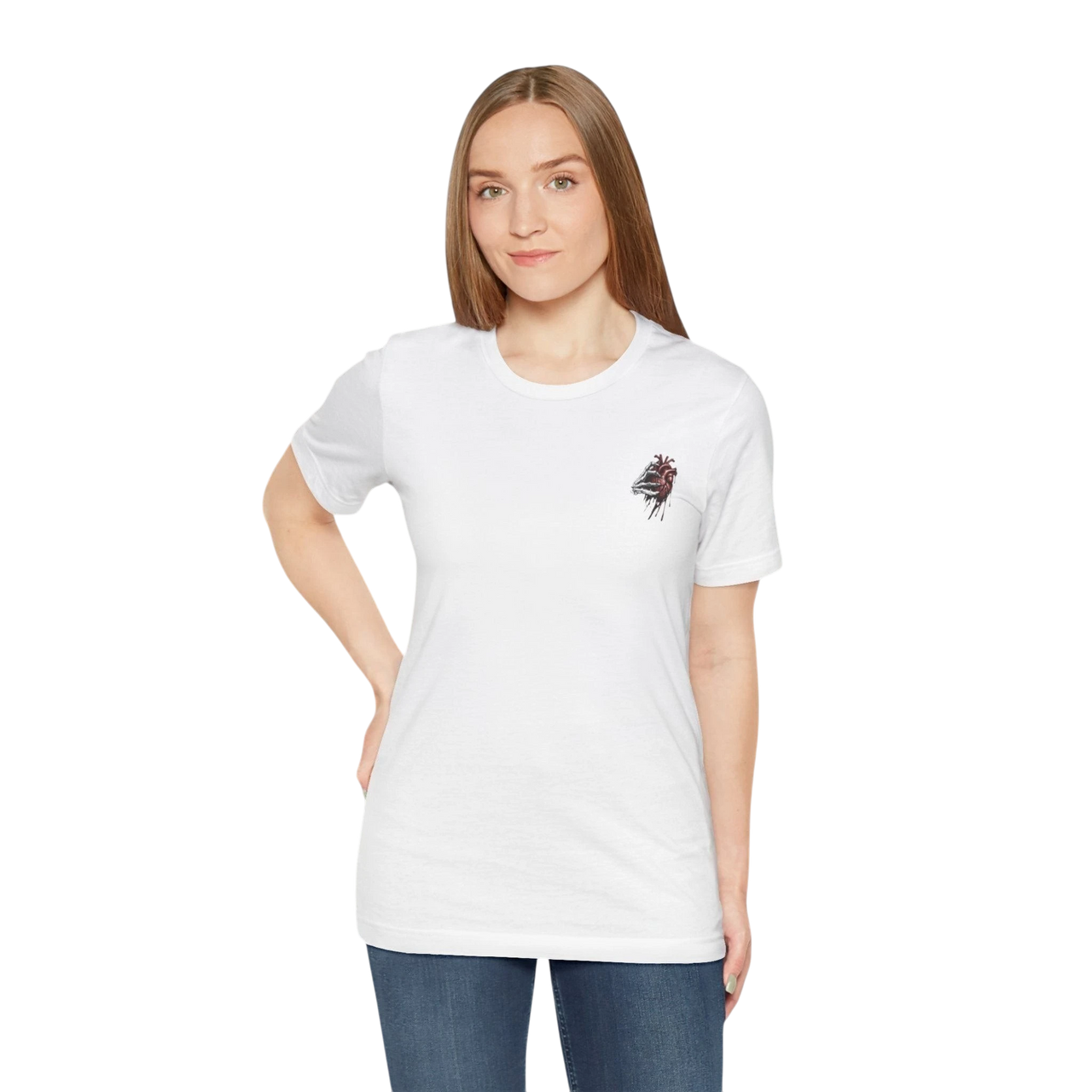DailyThreadCo. white 100% cotton t-shirt with a small graphic of a dripping anatomical heart on the left chest.