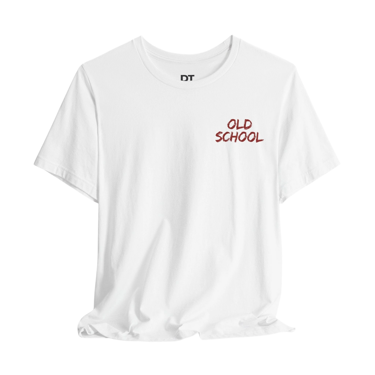 DailyThreadCo. white 100% cotton t-shirt with red "OLD SCHOOL" graphic on the chest and a crew neck.