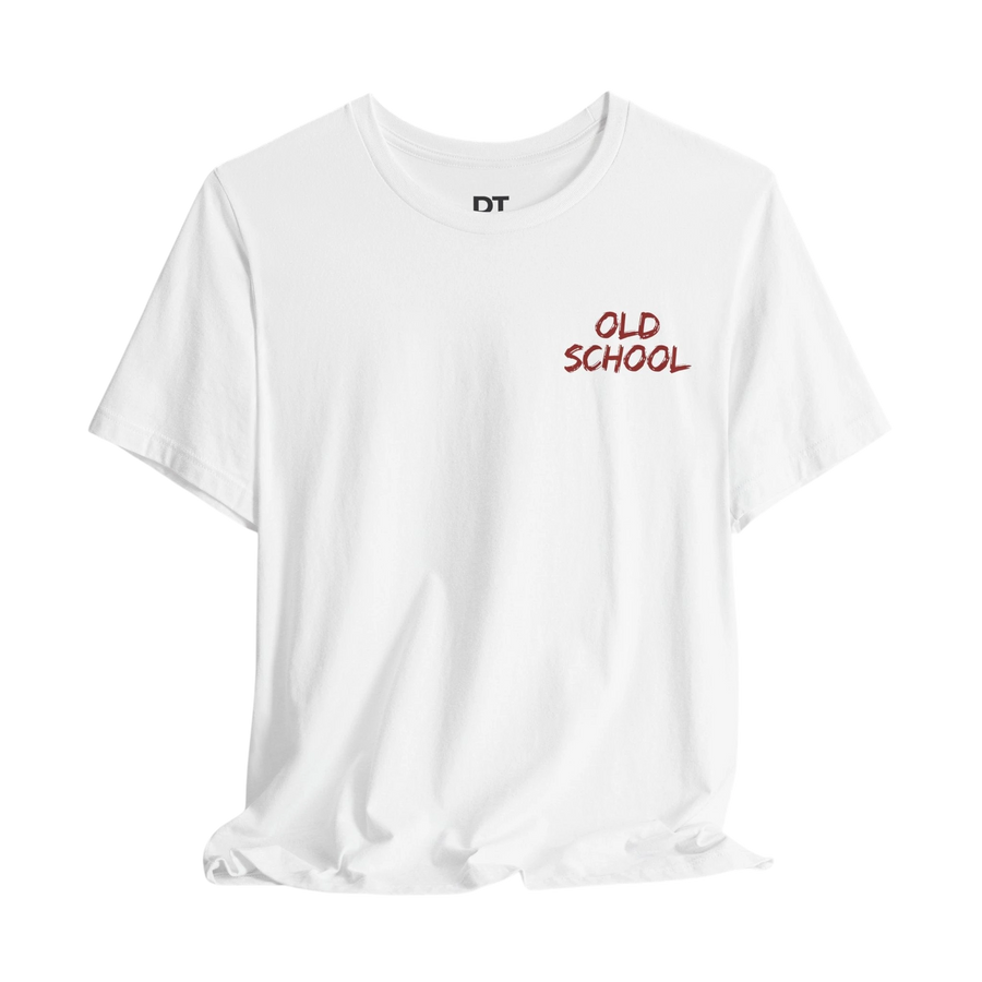 DailyThreadCo. white 100% cotton t-shirt with red "OLD SCHOOL" graphic on the chest and a crew neck.