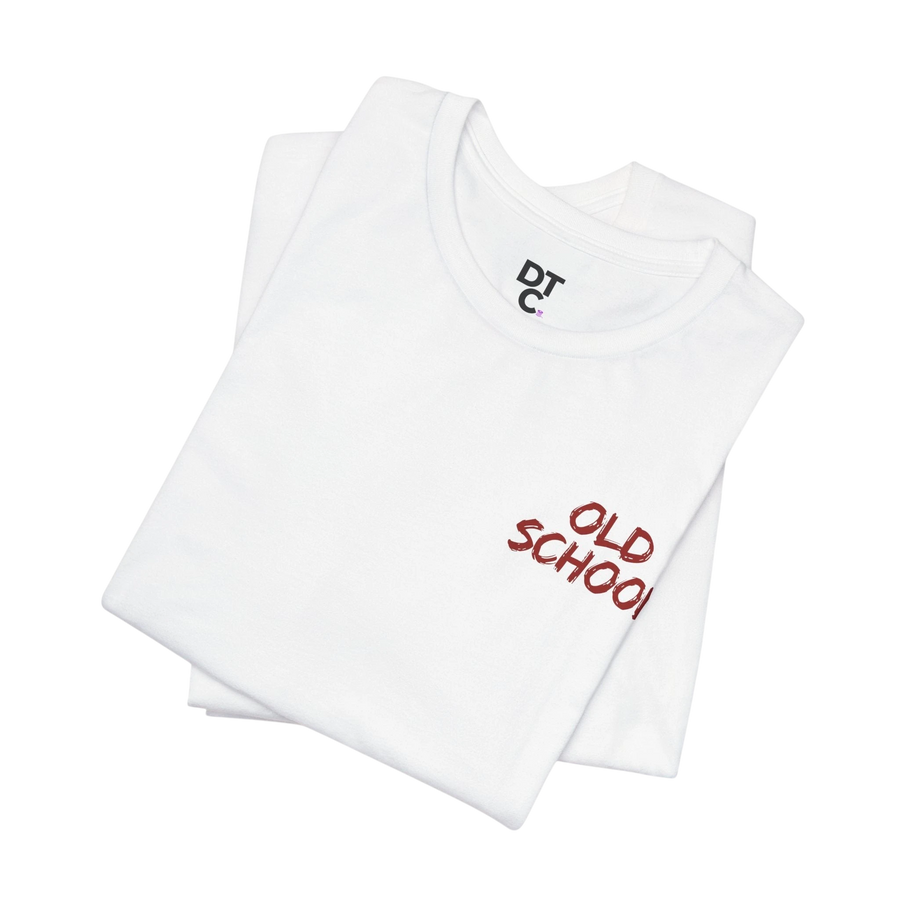 DailyThreadCo. white 100% cotton t-shirt with "OLD SCHOOL" printed in red on the chest and a DTC logo on the collar.