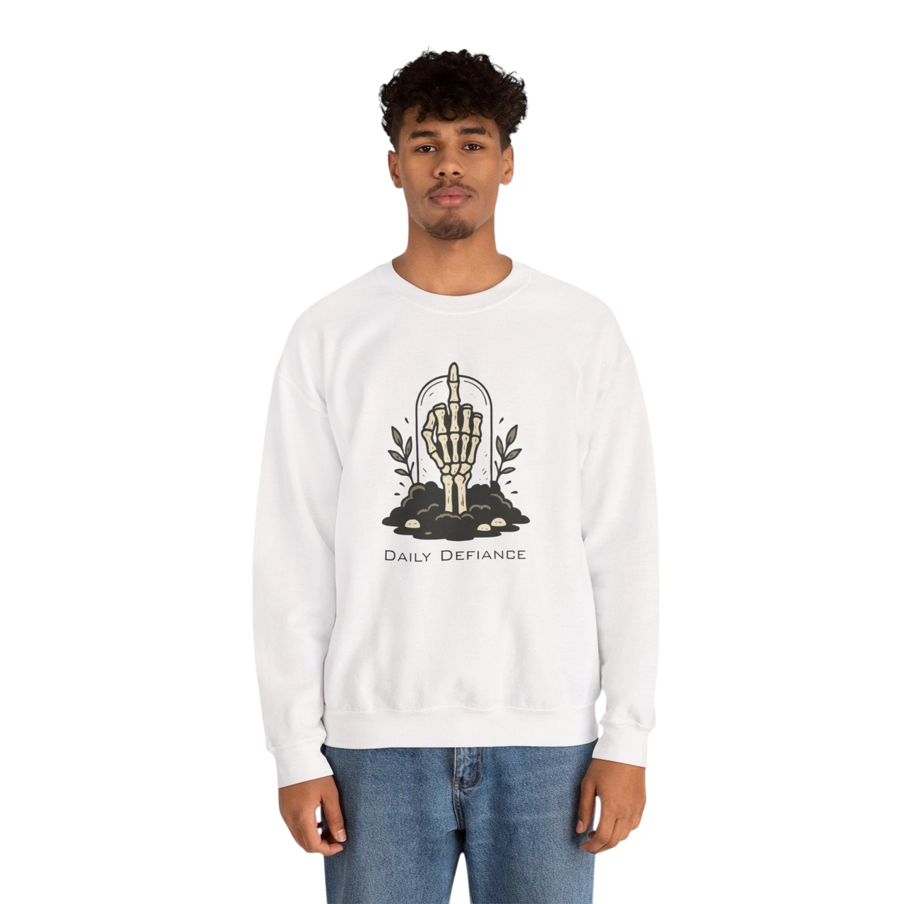 DailyThreadCo. white crewneck sweatshirt with a graphic of a skeleton hand giving the middle finger emerging from the ground, surrounded by foliage and the text "Daily Defiance."