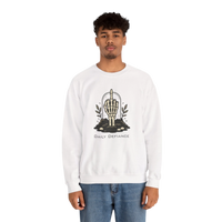 DailyThreadCo. white crewneck sweatshirt with a graphic of a skeleton hand giving the middle finger emerging from the ground, surrounded by foliage and the text 