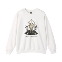 DailyThreadCo. white crewneck sweatshirt with a skeleton hand graphic giving the middle finger, surrounded by foliage and text.