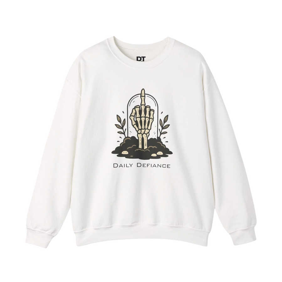 DailyThreadCo. white crewneck sweatshirt with a skeleton hand graphic giving the middle finger, surrounded by foliage and text.