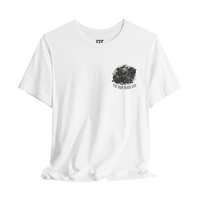 DailyThreadCo. white cotton t-shirt with a skull and barbell graphic on the chest and 