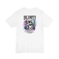 DailyThreadCo. white 100% cotton t-shirt with a graphic of a skull holding a barbell, text 
