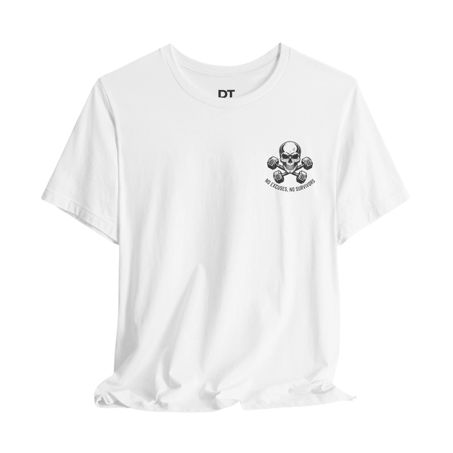 DailyThreadCo. white 100% Airlume cotton t-shirt with a small skull and dumbbells graphic on the chest and "No Excuses, No Survivors" text.
